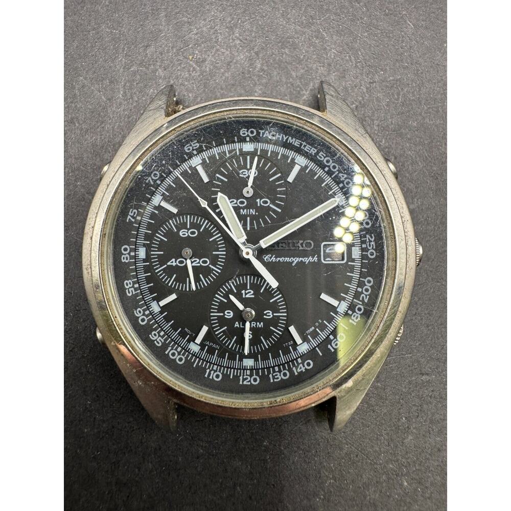 Vtg Seiko Panda Chronograph Quartz 7T32 7C60 Black Dial Watch Stainless Steel WR